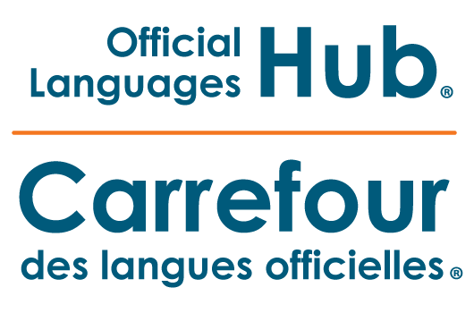 Bilingual visual signature in blue for the Official Languages Hub®. English first.