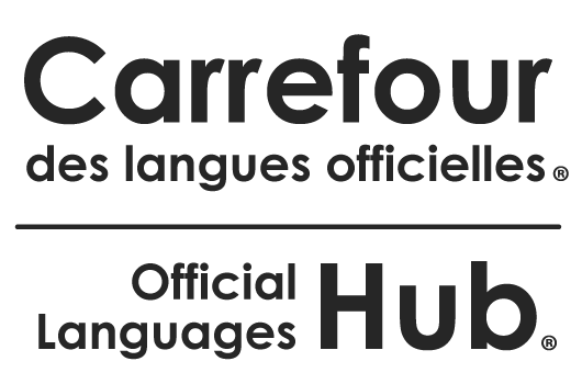 Signature visuelle bilingue en noir et blanc du Carrefour des langues officielles®. Français en premier.