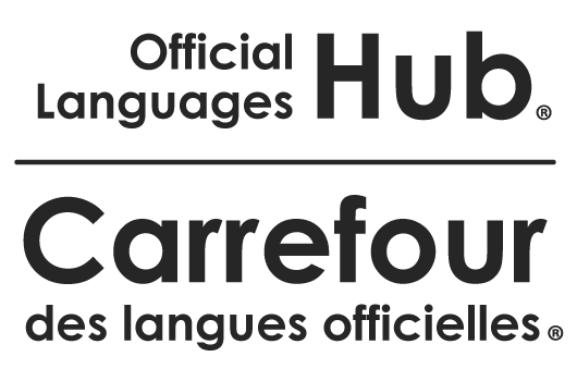 Signature visuelle bilingue en noir et blanc du Carrefour des langues officielles®. Anglais en premier.