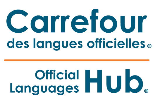 Bilingual visual signature in blue for the Official Languages Hub®. French first.