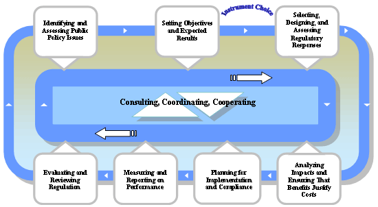 The steps involved in consulting, coordinating and cooperating are identified as a continuum beginning with identifying and assessing public policy issues. This is followed by setting objectives and expected results and then selecting, designing and assessing regulatory responses. The choice of an instrument takes place between these two steps. The next step is analyzing impacts and ensuring that benefits justify costs. Next is planning for implementation and compliance followed by measuring and reporting on performance. The final step in the process is evaluating and reviewing regulation. All steps are depicted as contributing to the core activities of consulting, coordinating, and cooperating.