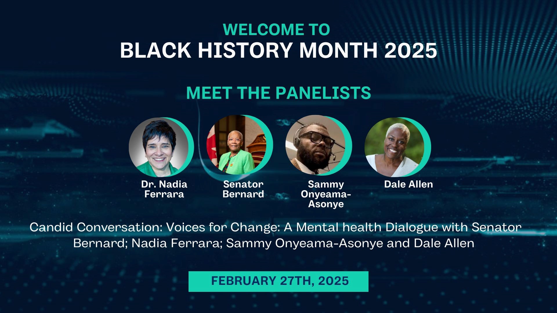 A poster with headshots of four panelists against a blue-green background