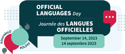 Email signature with the visual of Official Languages Day with colourful speech bubbles and the hashtags #OLDay #JournéeLO