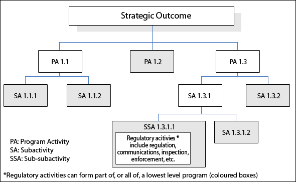 This is an example that indicates how the regulatory activities are situated in the PAA. The sample shows multiple levels of program activities, sub-activities and sub-sub-activities and how they relate to one another.