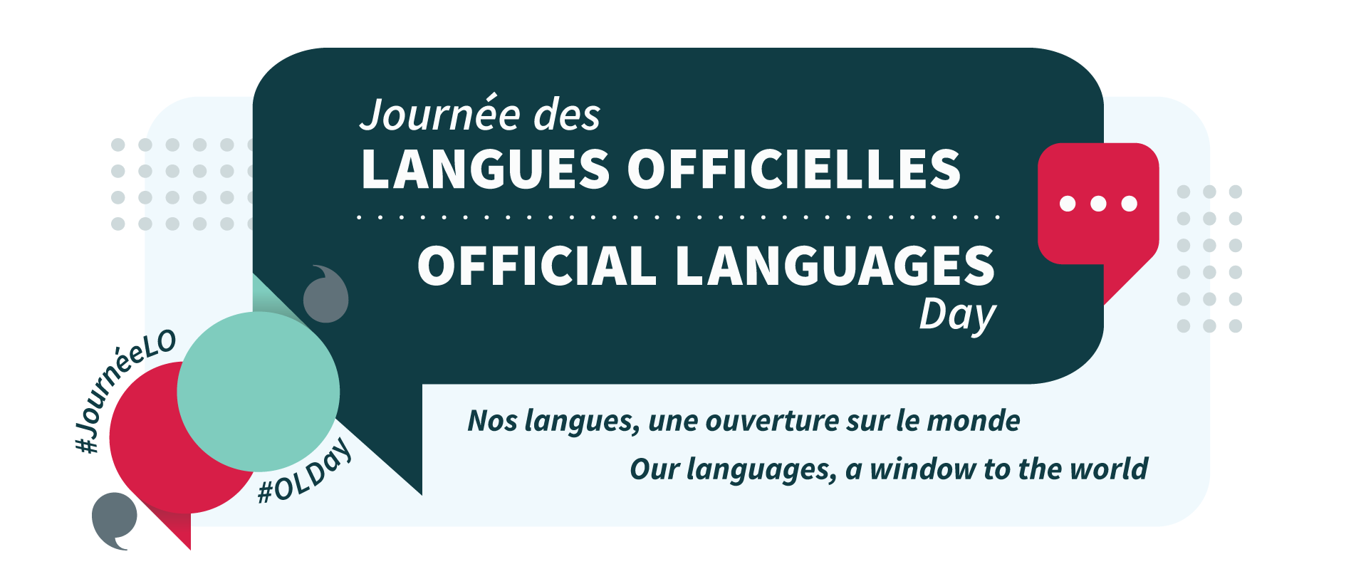 Visuel de la Journée des langues officielles avec des bulles de texte colorées et les mots-clics #JournéeLO #OLDay