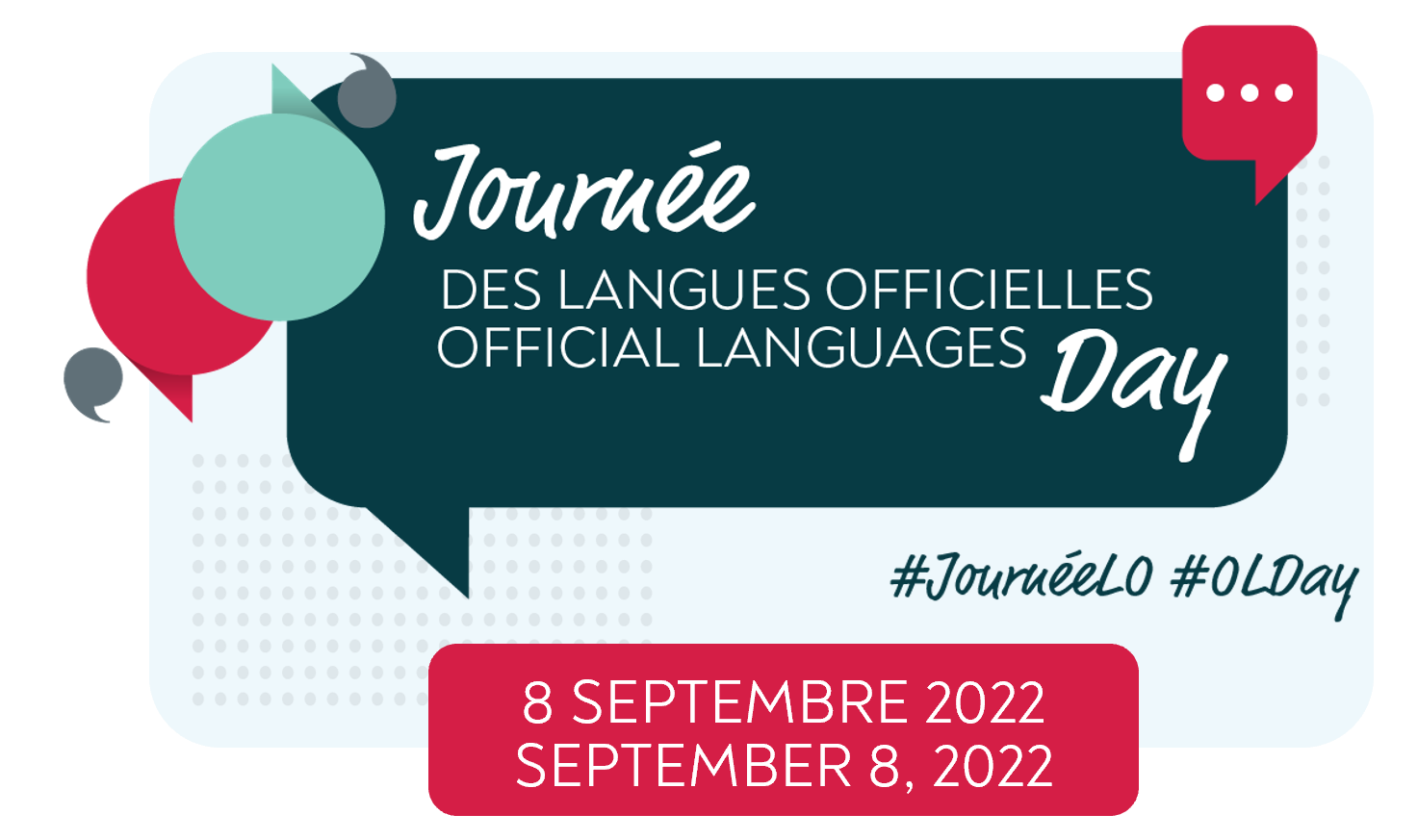 Signature courriel avec le visuel de la Journée des langues officielles avec des bulles de texte colorées et les mots-clics #JournéeLO #OLDay