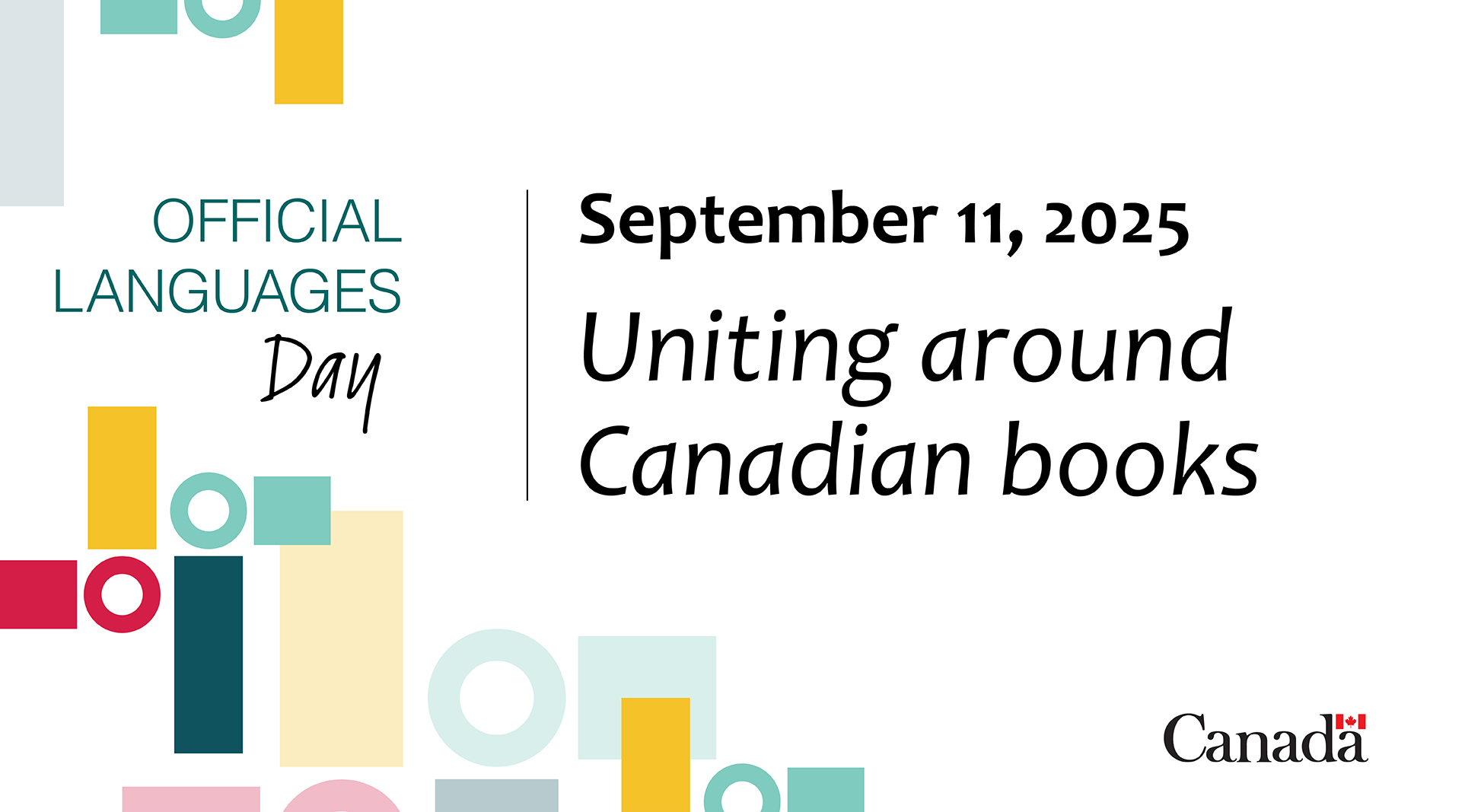 The Official Languages Day logo shows two stylized “L” shapes back to back, made of a circle and squares, mirrored on either side of the logo. Centered text reads: September 11, 2025 – Uniting Around Canadian Books – Official Languages Day
