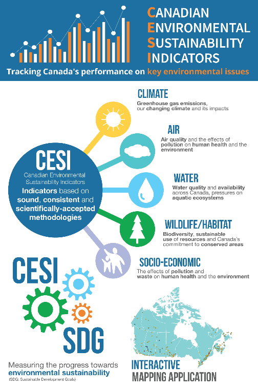 Infographic detailing the five components of CESI: climate, air, water, wildlife/habitat, and socio-economic.