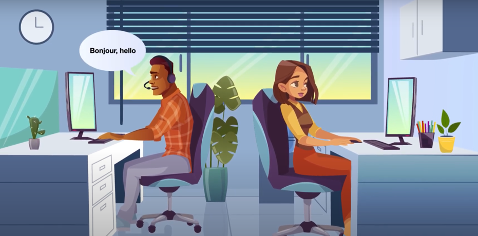 Image de deux employés travaillant à l'ordinateur, dont l'un dit "Bonjour. Hello".