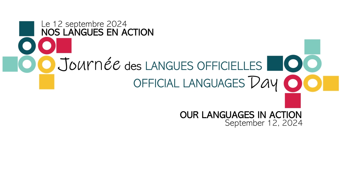 Signature courriel avec le visuel de la Journée des langues officielles avec des bulles de texte colorées et les mots-clics #JournéeLO #OLDay