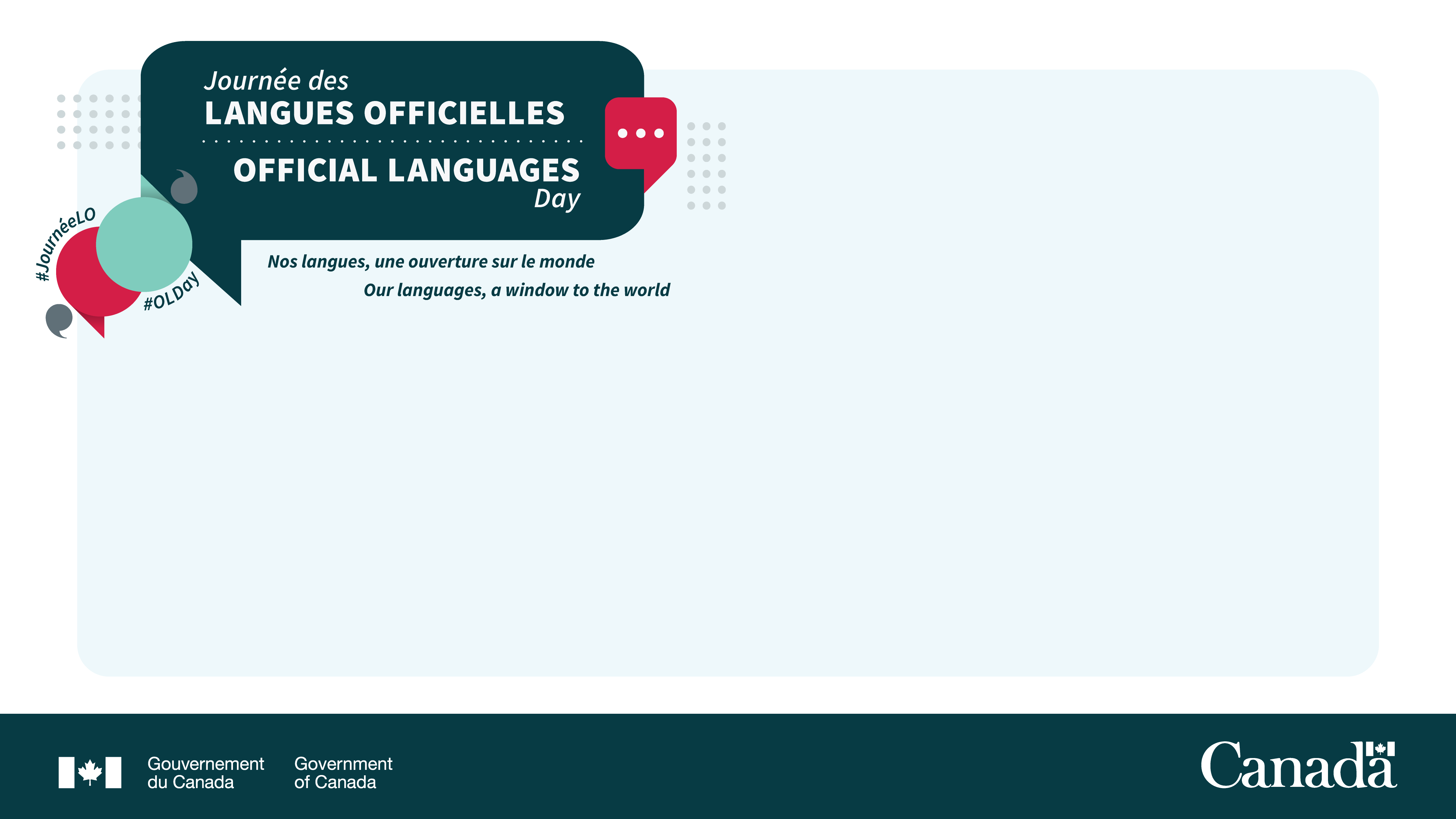 Arrière-plan avec le visuel de la Journée des langues officielles avec des bulles de texte colorées et les mots-clics #JournéeLO #OLDay