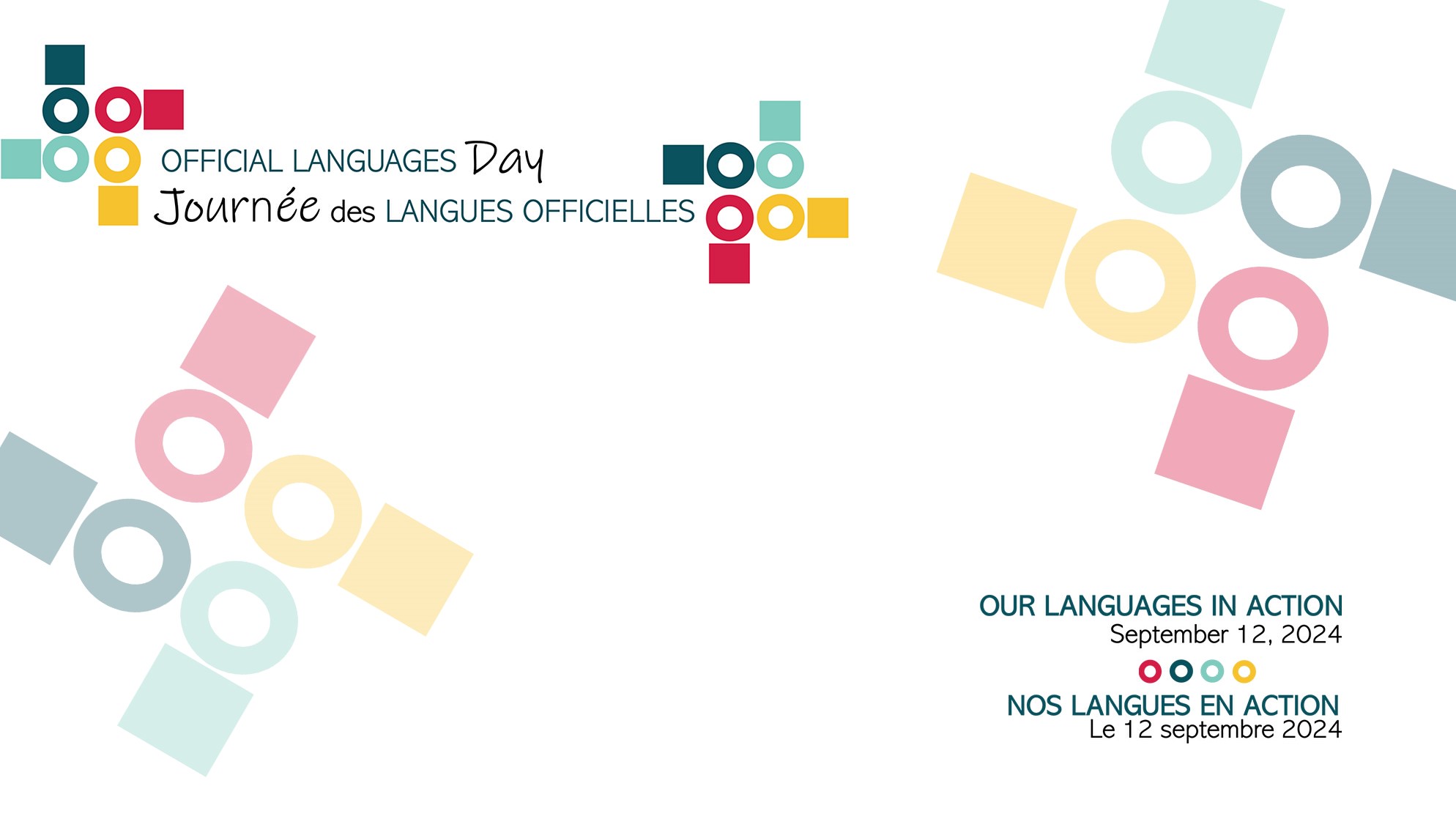 Background with the visual of Official Languages Day with colourful speech bubbles and the hashtags #OLDay #JournéeLO