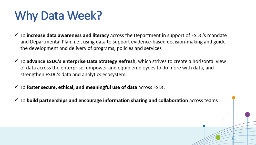 Image which explains the objectives of 'ESDC Data Week'.