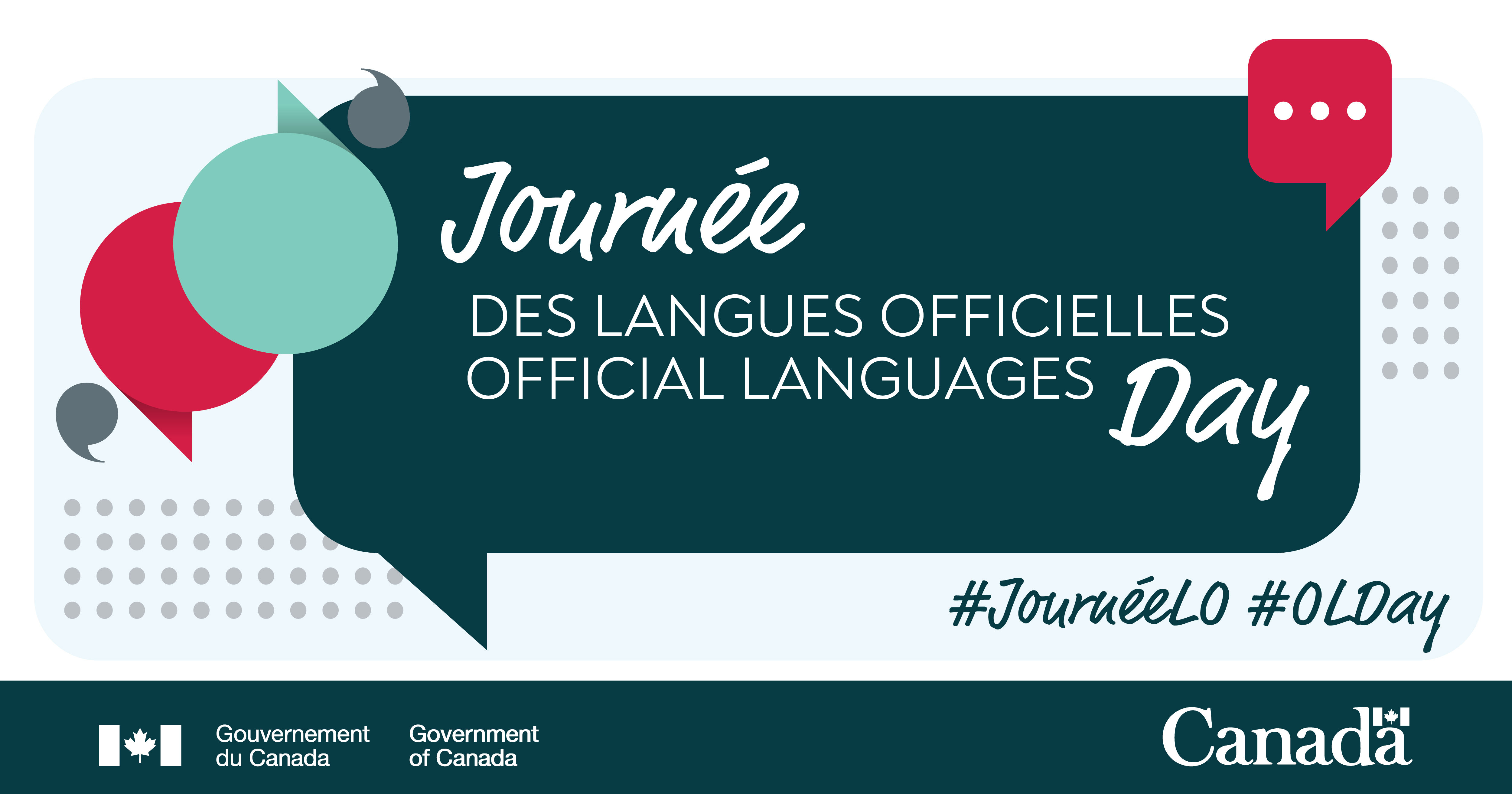 Visuel de la Journée des langues officielles avec des bulles de texte colorées et les mots-clics #JournéeLO #OLDay