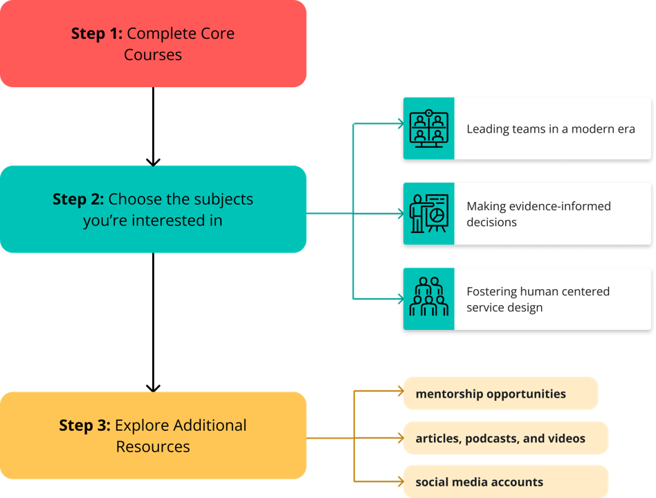 Diagram that breaks down the learning path into the three steps of coure courses, subjects, and other.