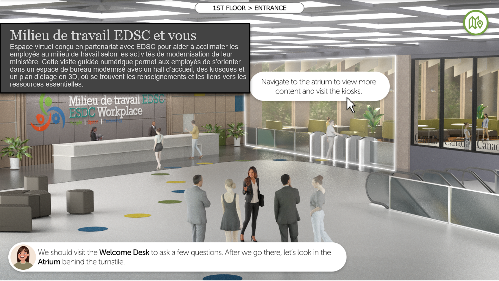 Image de la salle d'accueil virtuelle du prototype 'Milieu de travail EDSC et vous'