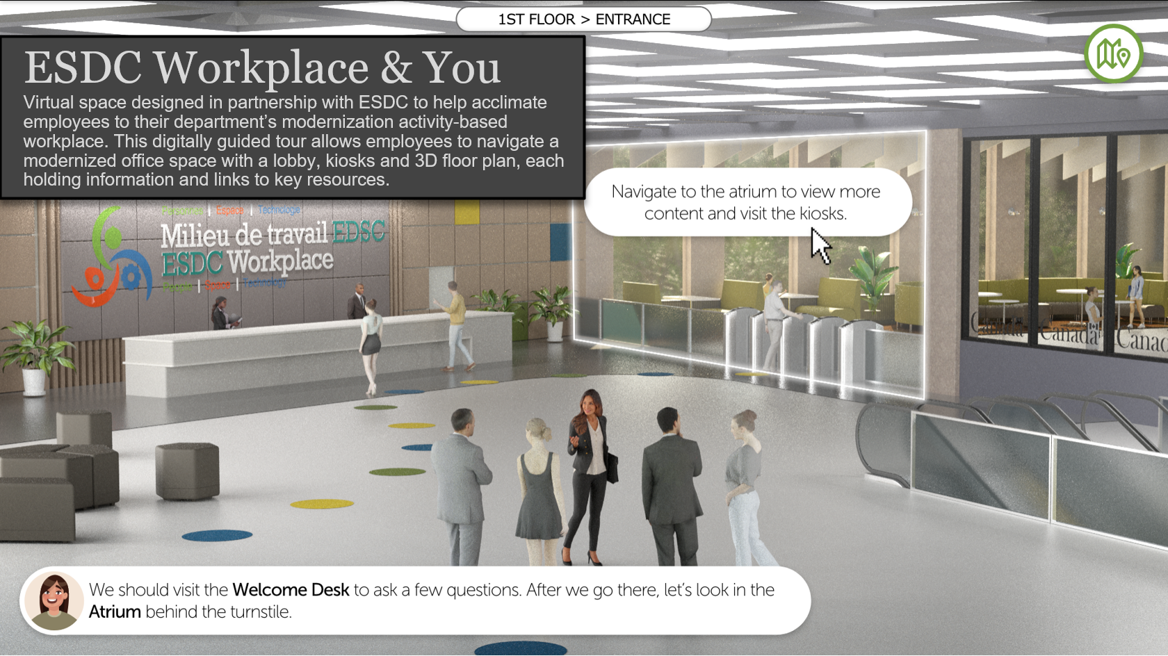 Image of the virtual lobby from the ESDC Workplace and You prototype