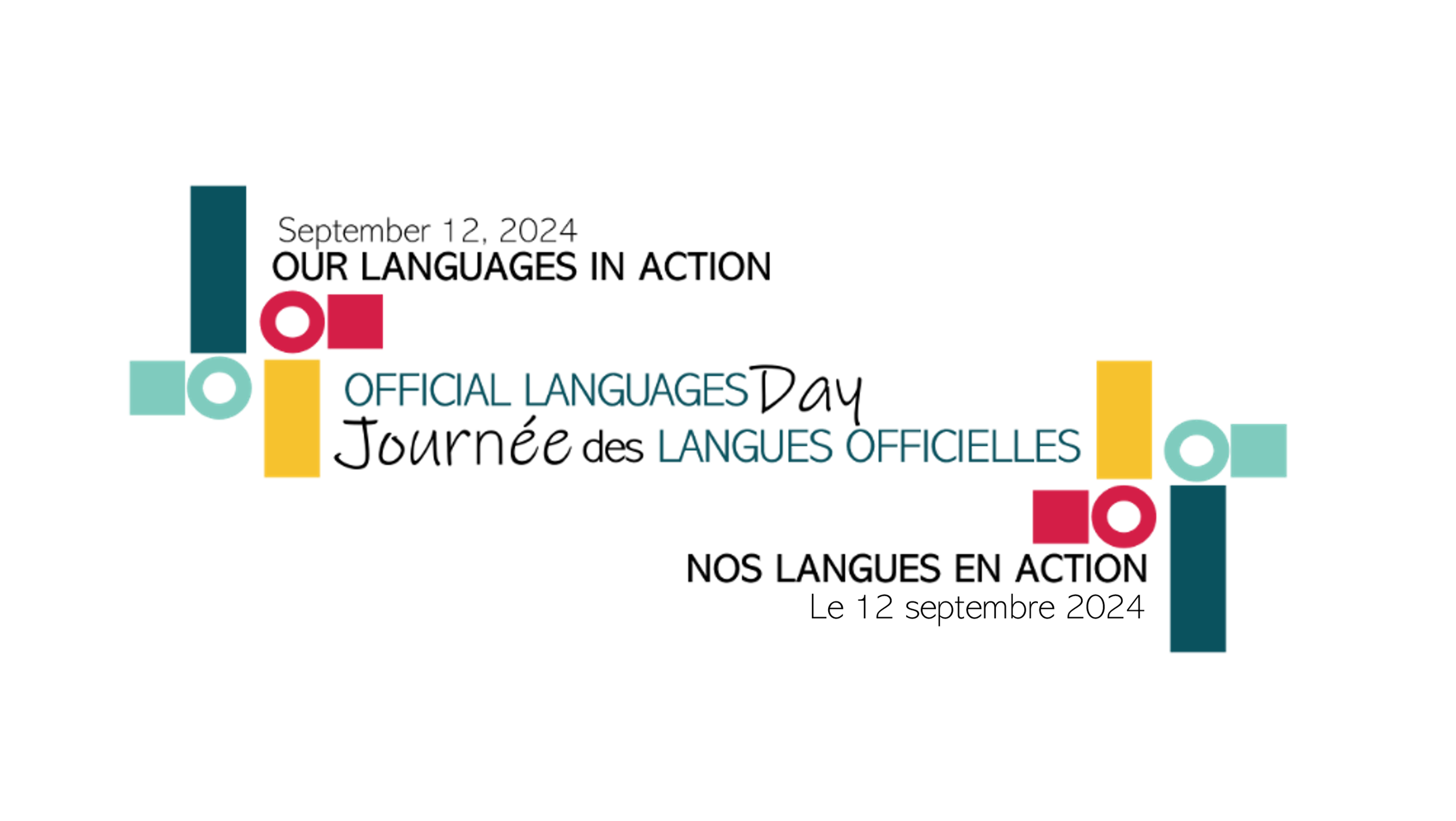 Visual of Official Languages Day with colourful circles and squares